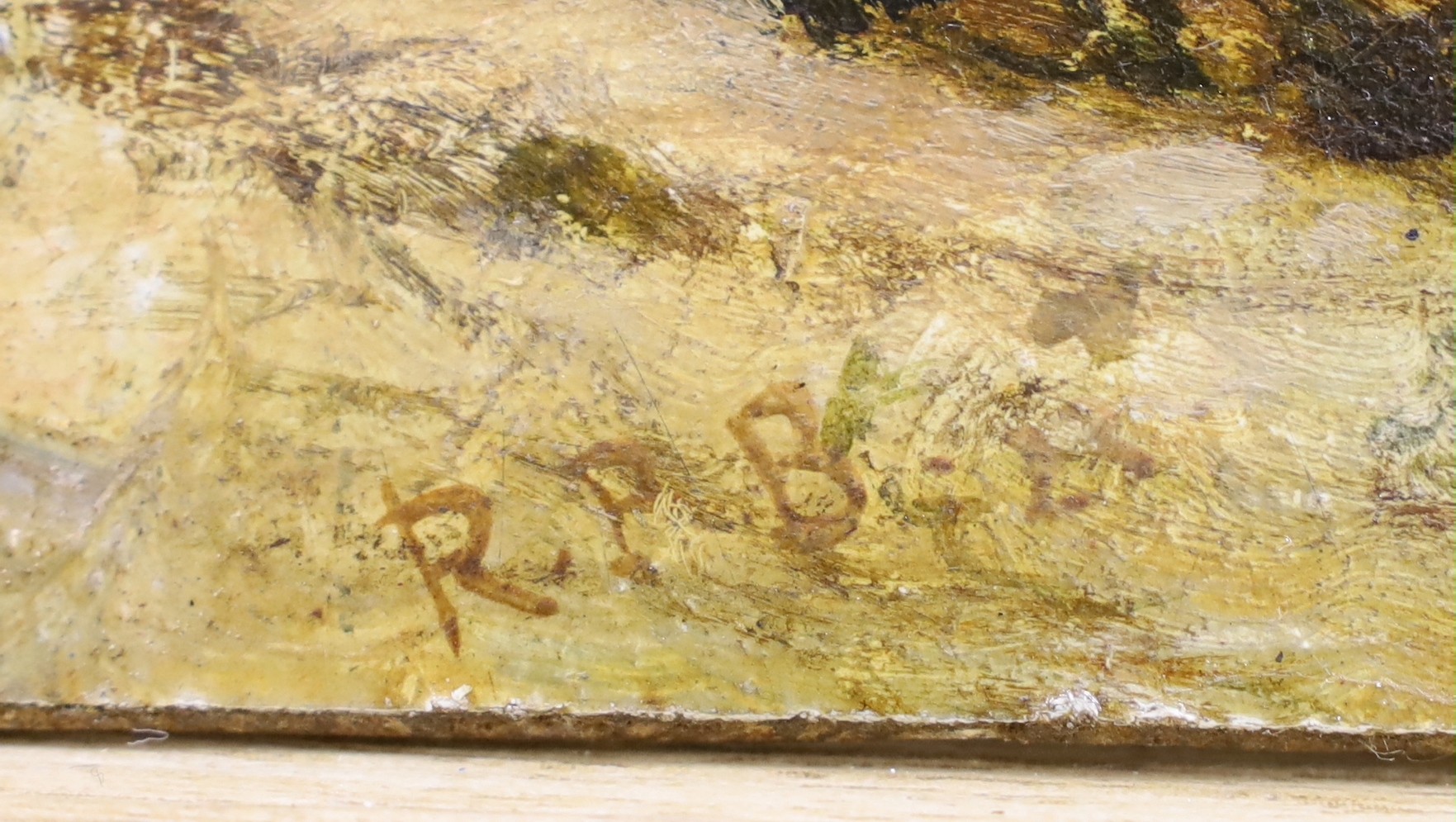 RPB. oil on millboard, Fisherfolk on the shore, initialled, 27 x 36cm, unframed